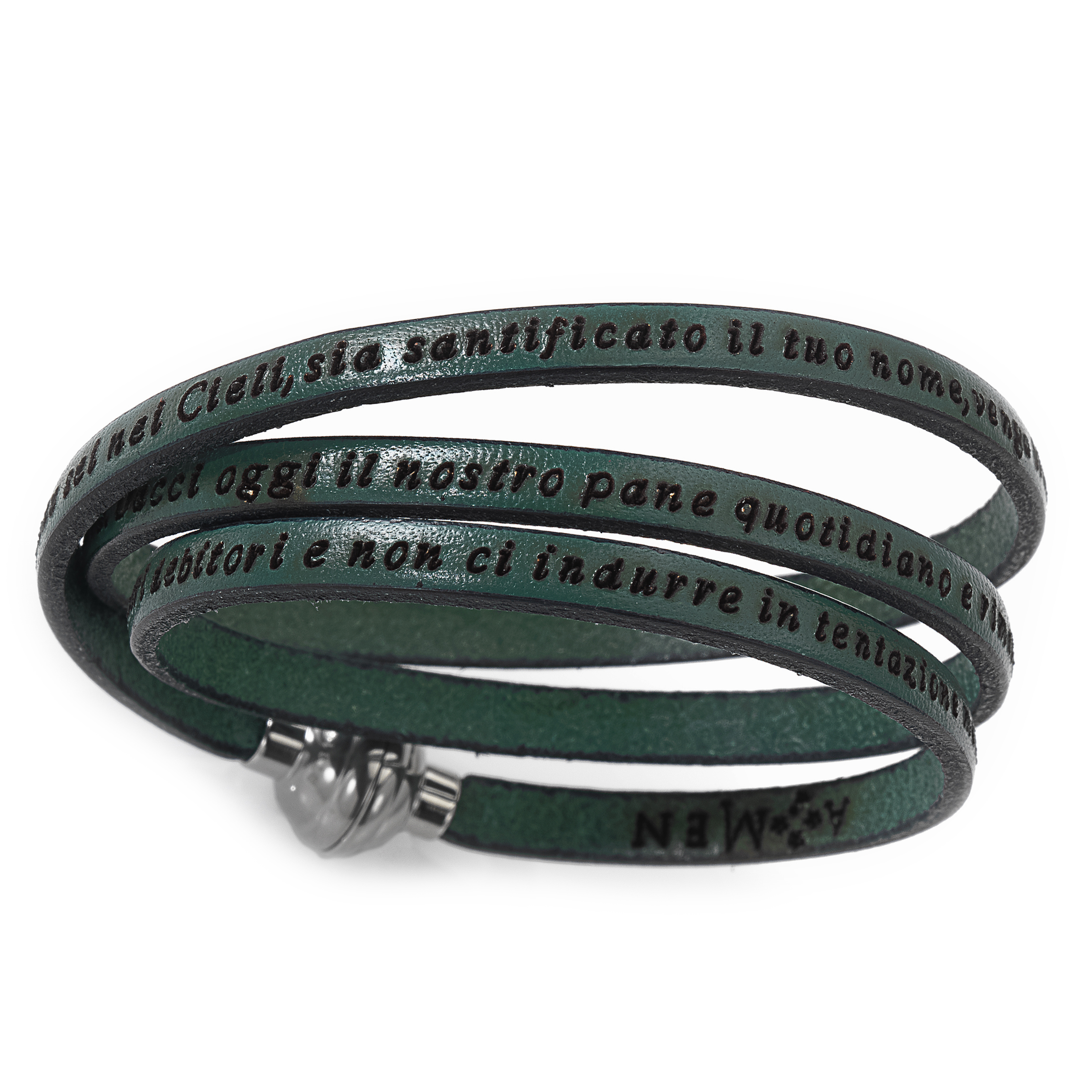 Leather Bracelet Our Father Prayer Italian -Military Green