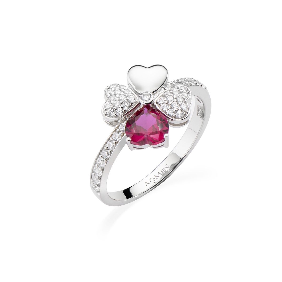 Quadricuore Ring Rhodium and White and Ruby Zircons