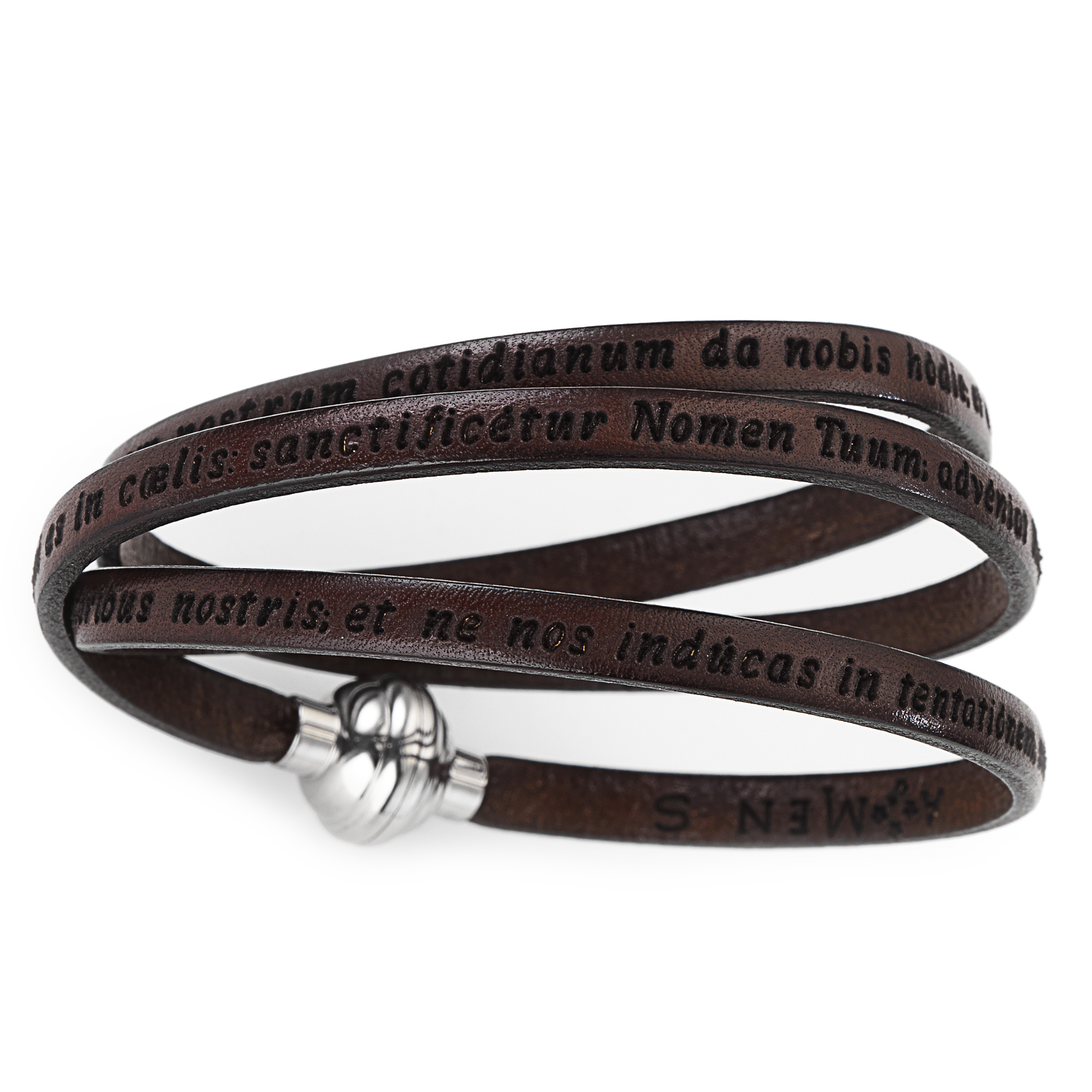Leather Wrap Bracelet engraved with "Our Father" Prayer in Latin - Brown