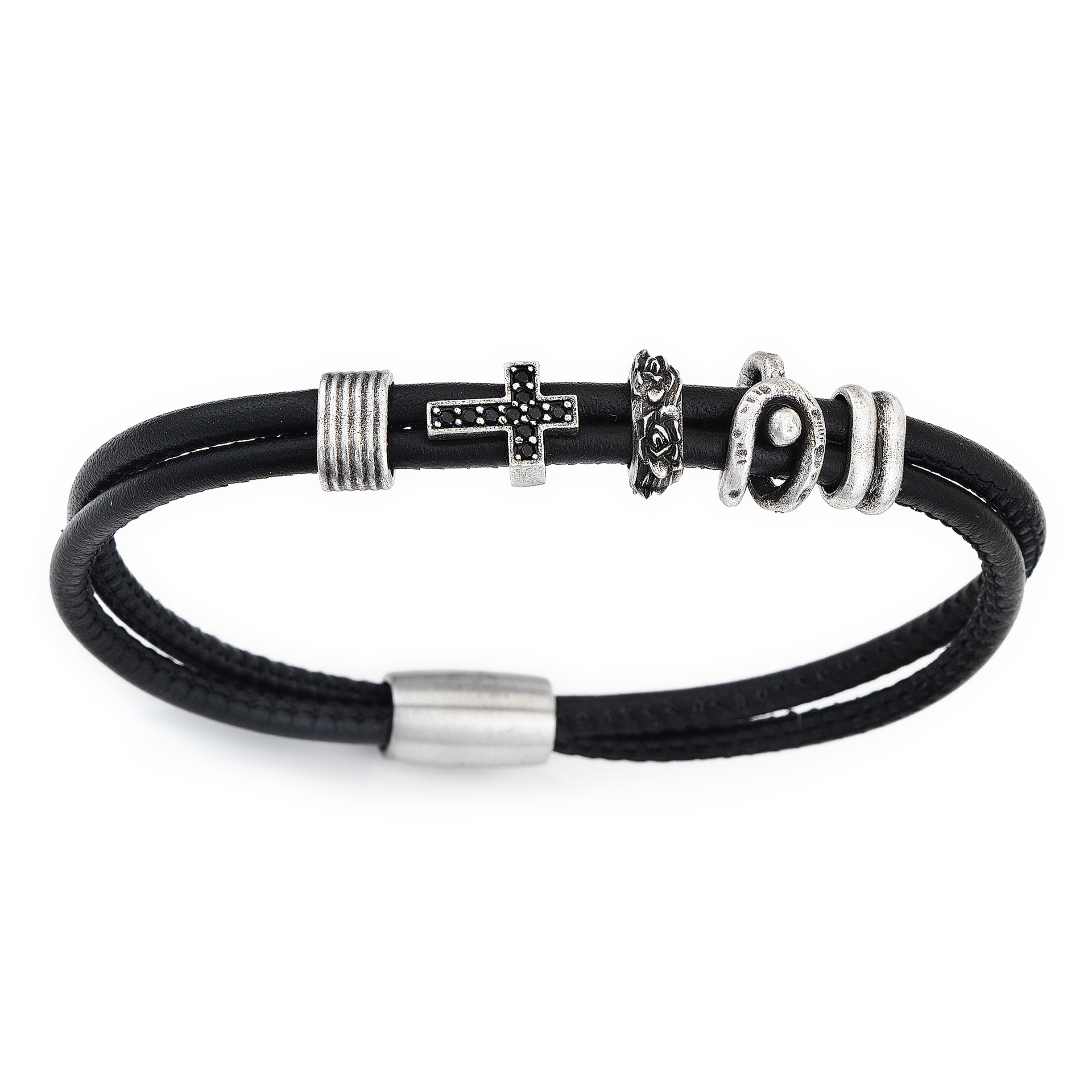 Bracelet charm leather, charm bronze cross 