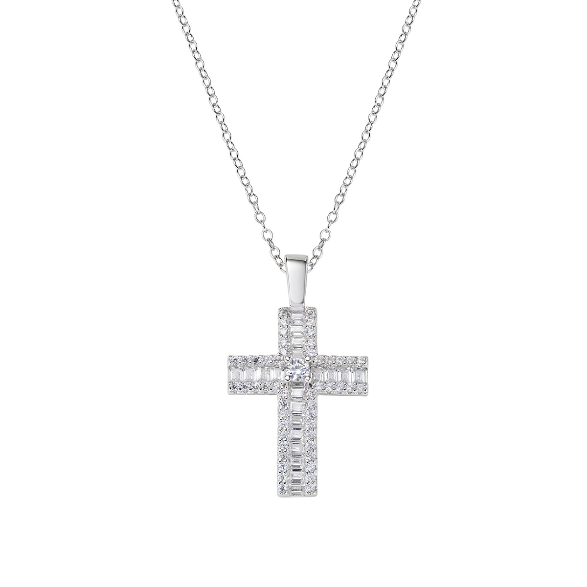 Baguette-cut White CZ Cross Pendant Necklace