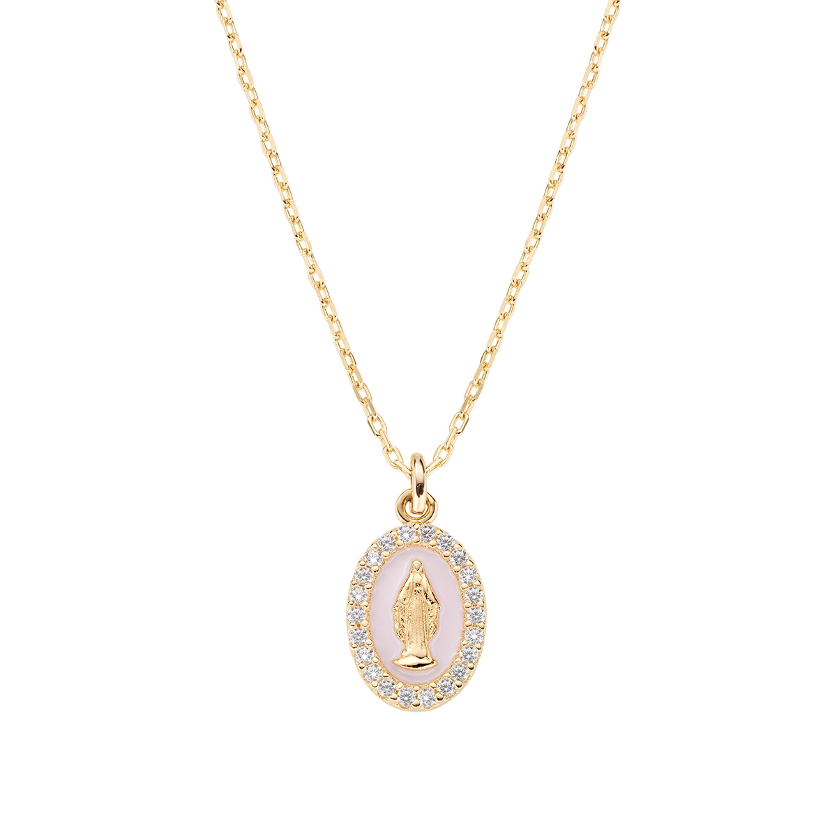 Gold Miraculous Medal Necklace with Zirconia and Pink Pearl Enamel