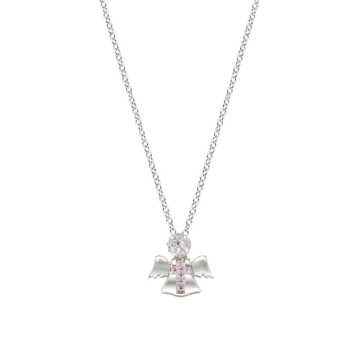 Angel and Cross Necklace with White and Pink Zircons