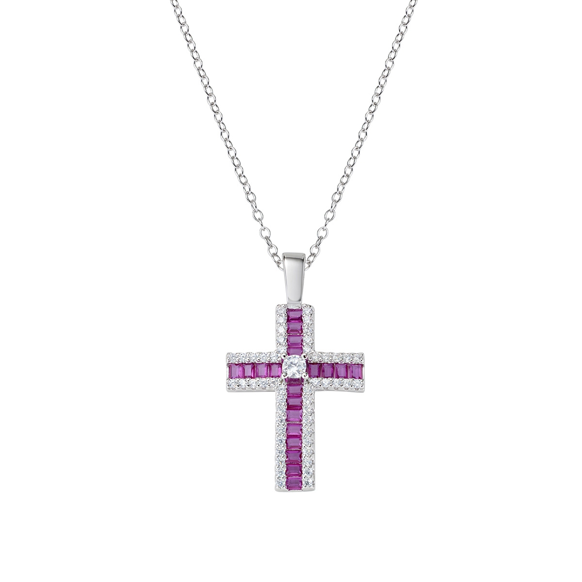 Baguette-cut Red and White CZ Cross Pendant Necklace