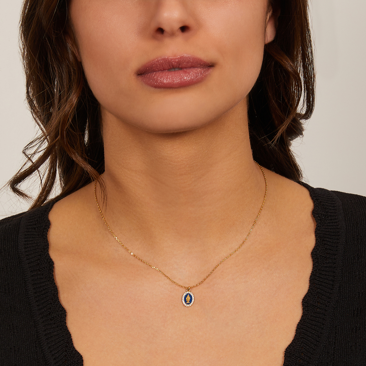 Gold Miraculous Medal Necklace with Zirconia and Blue Enamel