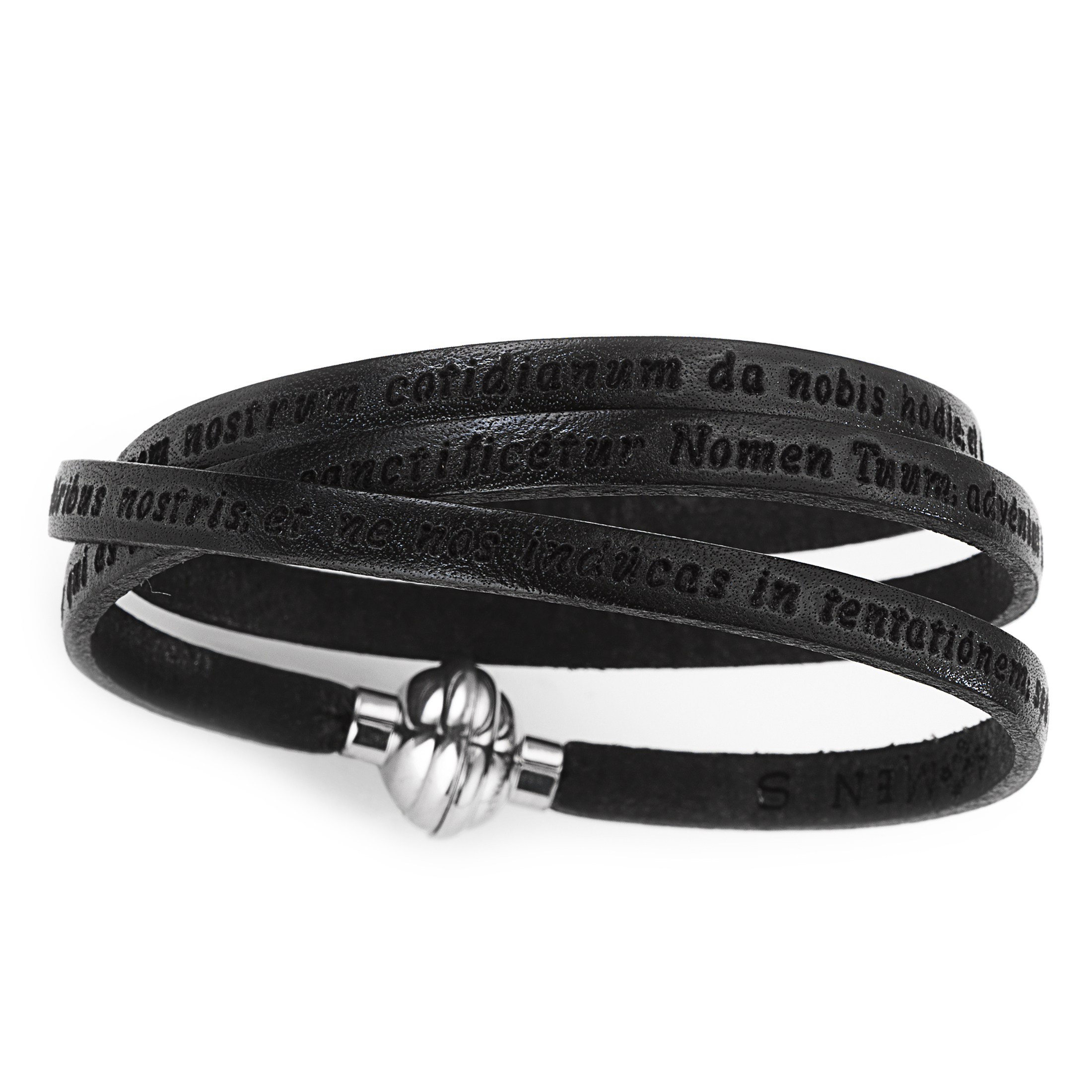 Leather Wrap Bracelet engraved with "Our Father" Prayer Latin - Black