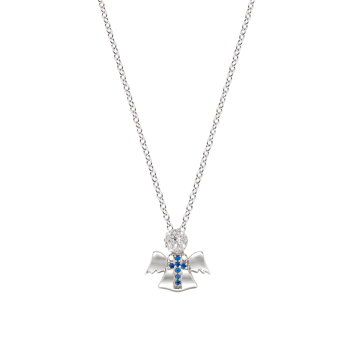 Angel and Cross Necklace with White and Blue Zircons