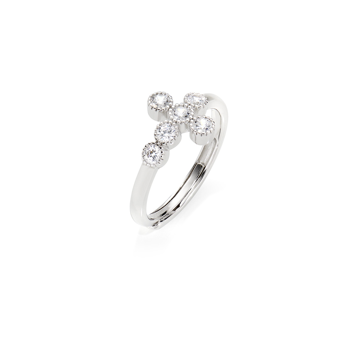 Anello Regolabile Croce con Zirconi Bianchi su Castone Tondo